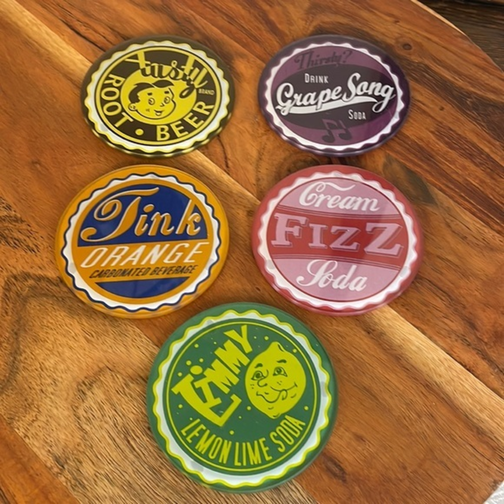 Unique Vintage Set of 5 Retro Soda Bottle cap glass‎ coasters